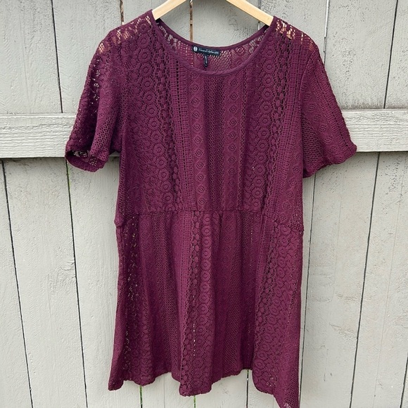 House of Harlow 1960 Crochet Lace Dress Burgundy Sheer Bohemian  Size L - Picture 1 of 6